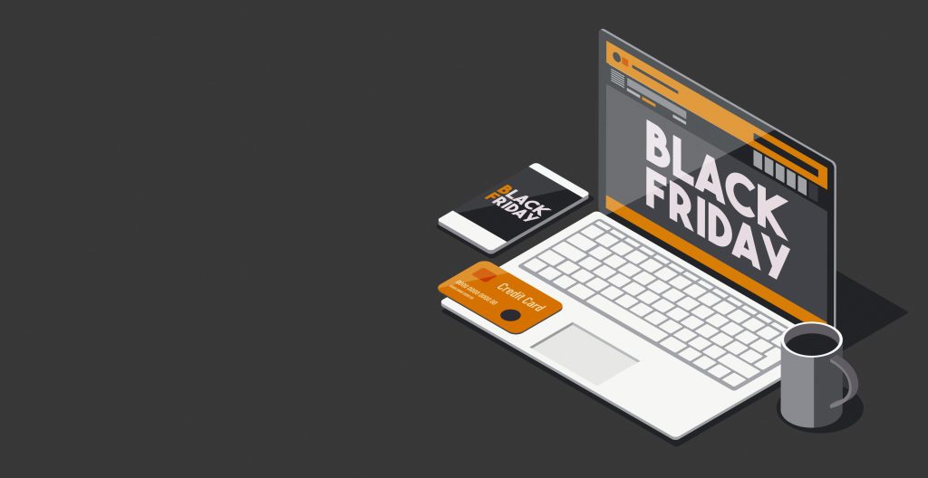 predict black friday success. Black friday promotional sale and online shopping: black friday advertisement on a laptop screen, isometric 3D illustration